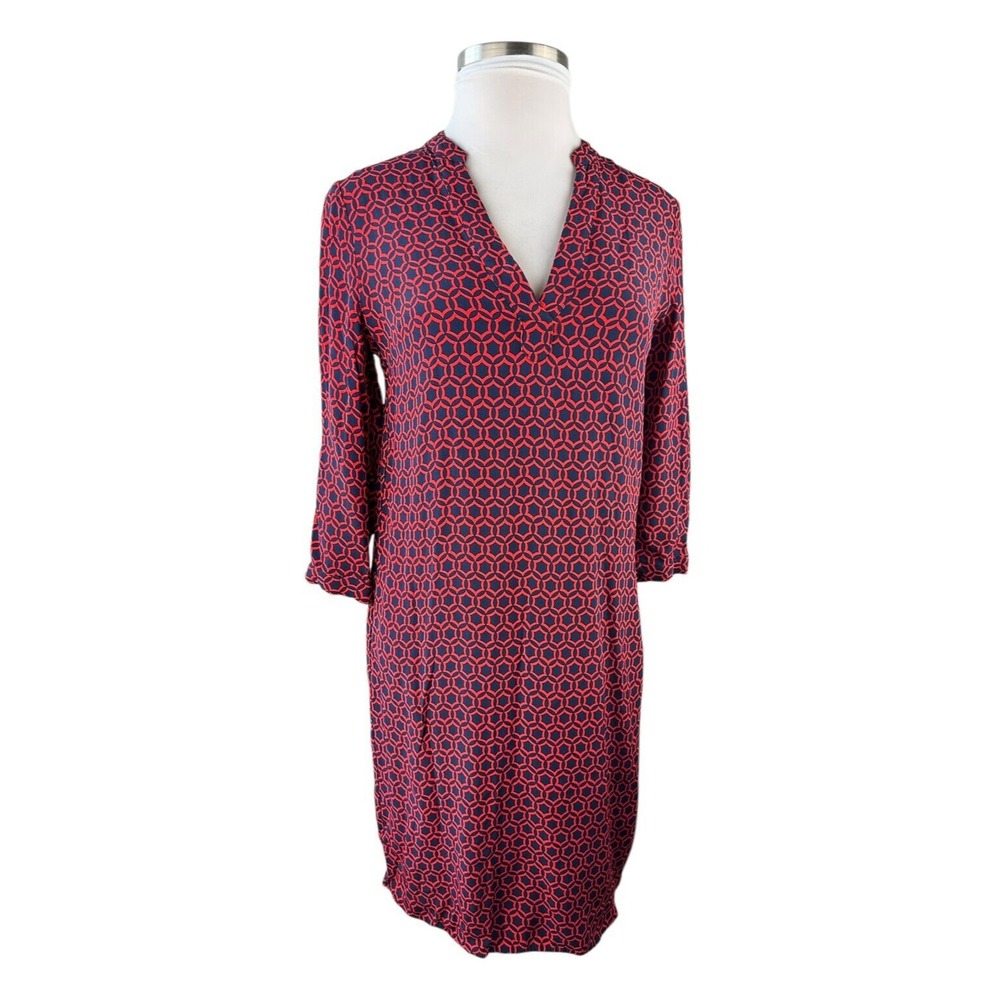 Boden V-Neck Geo Print 3/4 Sleeve Shift Dress Red & Navy Size 10 *Missing Belt* - Picture 2 of 16